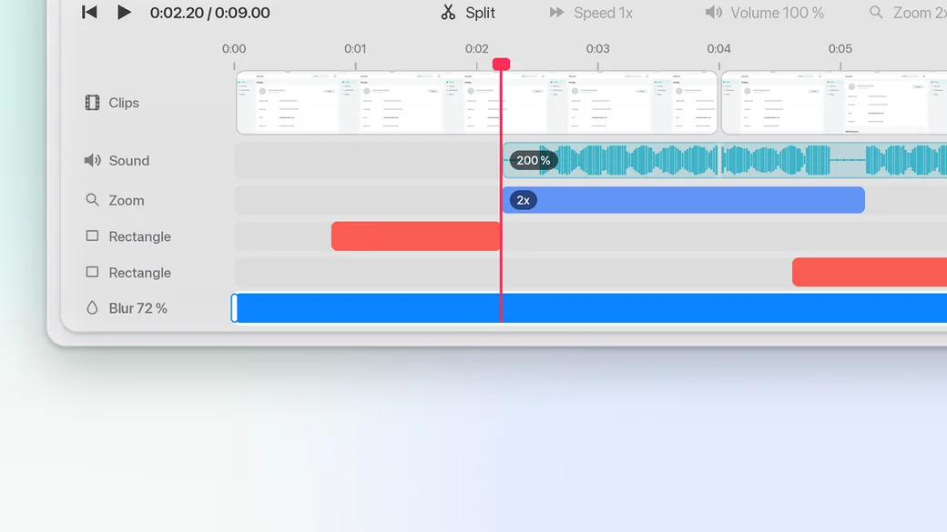 The timeline with a blur row labelled Blur 72 % while it tracks the email address