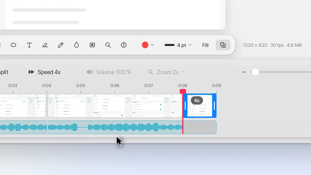 The Clips row with a clip at 4x and its badge, the playhead at 0:08 and the Speed 4x button above