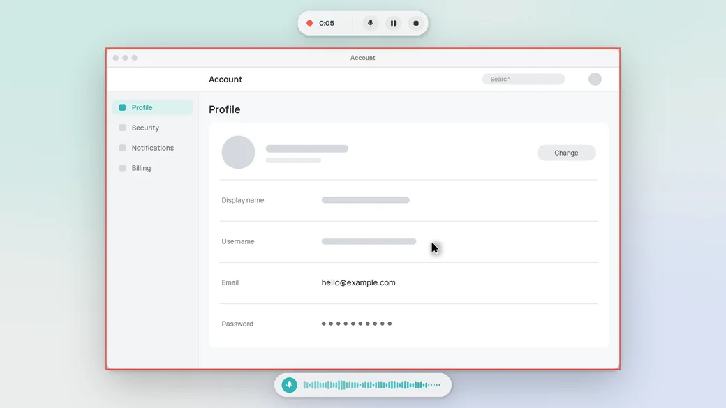 An Account window recorded inside a red frame, the recording bar with timer, microphone, pause and stop above it, and the voice as a waveform below