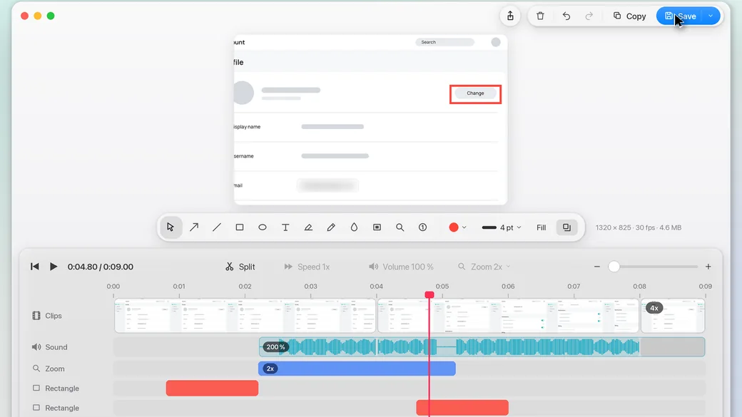 The recording editor with a 2x zoom on its own Zoom row, the rectangle and blur rows below
