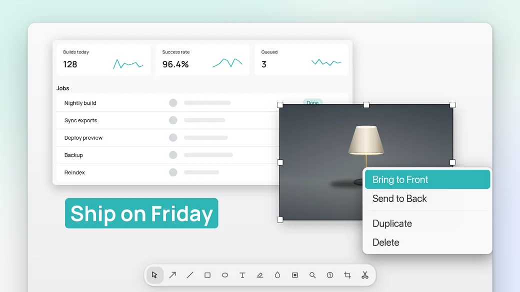 A pasted photo and a text label arranged on a screenshot in the editor, with Bring to Front in the menu