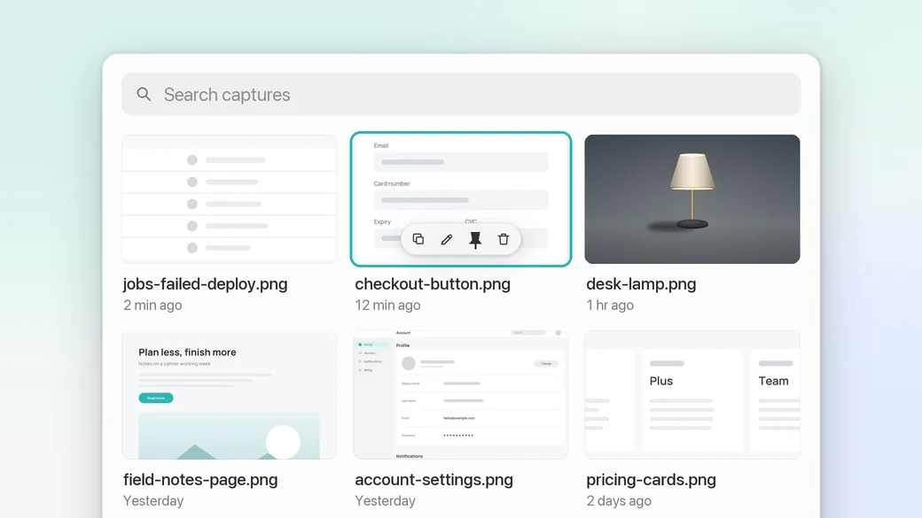 The capture history with a search field and a grid of recent captures, one selected with copy, edit, pin and delete