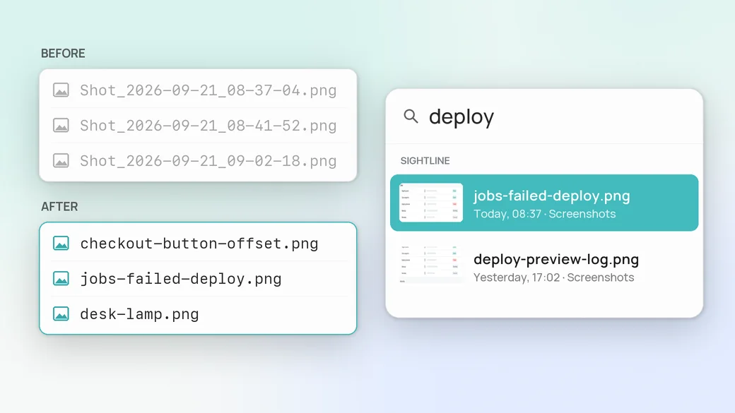 Timestamped screenshot names turning into descriptive ones, and Spotlight finding one by name