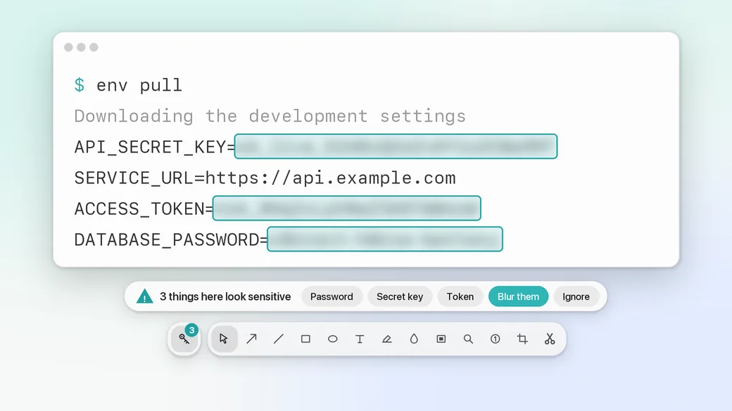 A terminal with environment variables whose secret values are blurred, and a key in the editor tool bar offering to cover them