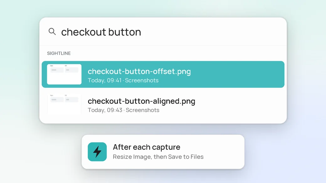 Spotlight finding saved screenshots by name, and a Shortcuts action that runs after each capture