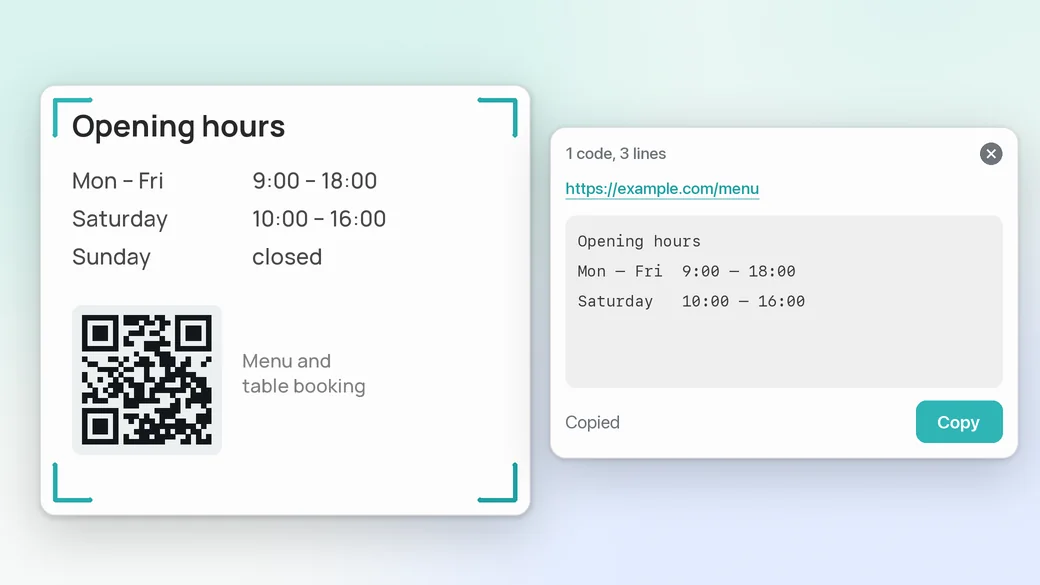 A selected area with opening hours and a QR code, and the text result with the link and the lines ready to copy