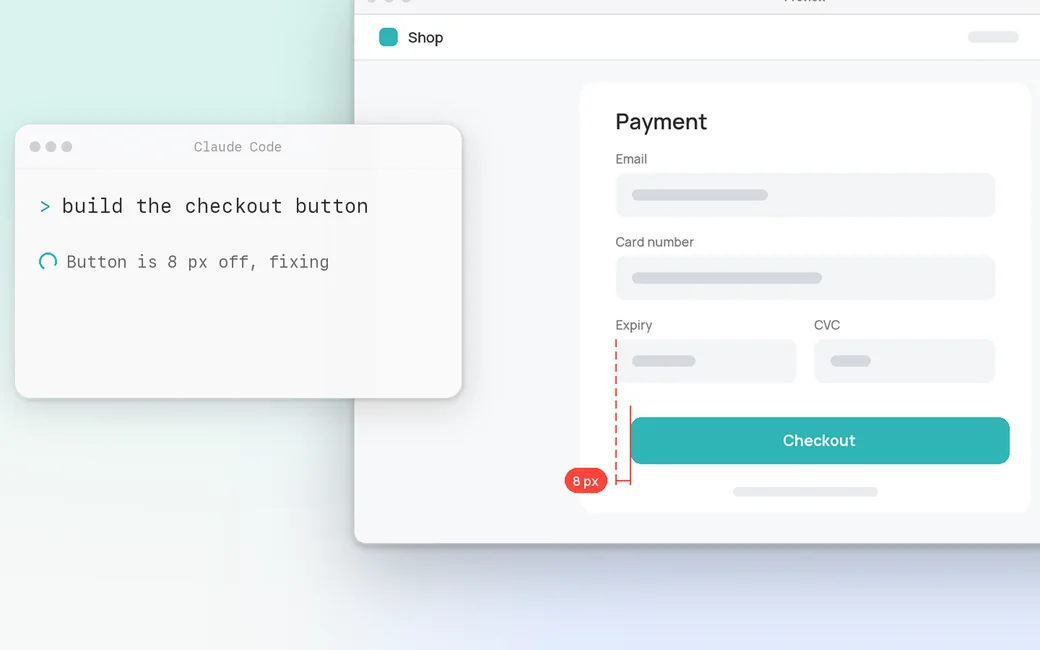 A Claude Code terminal saying the button is 8 px off and fixing it, next to a checkout form where a red guide measures the 8 px gap