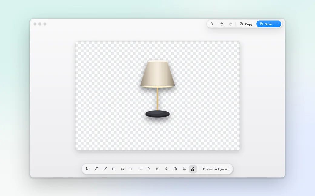 A table lamp cut out of its photo, standing on a transparent checkerboard in the editor, with Restore background in the tool bar